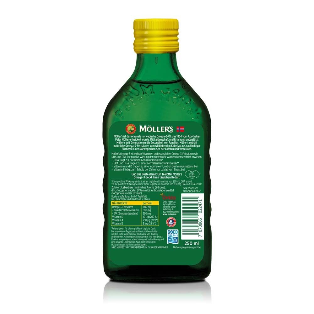Dos de la bouteille verte. Contient des informations sur les ingrédients, la valeur nutritionnelle et les certifications. 250 ml.
