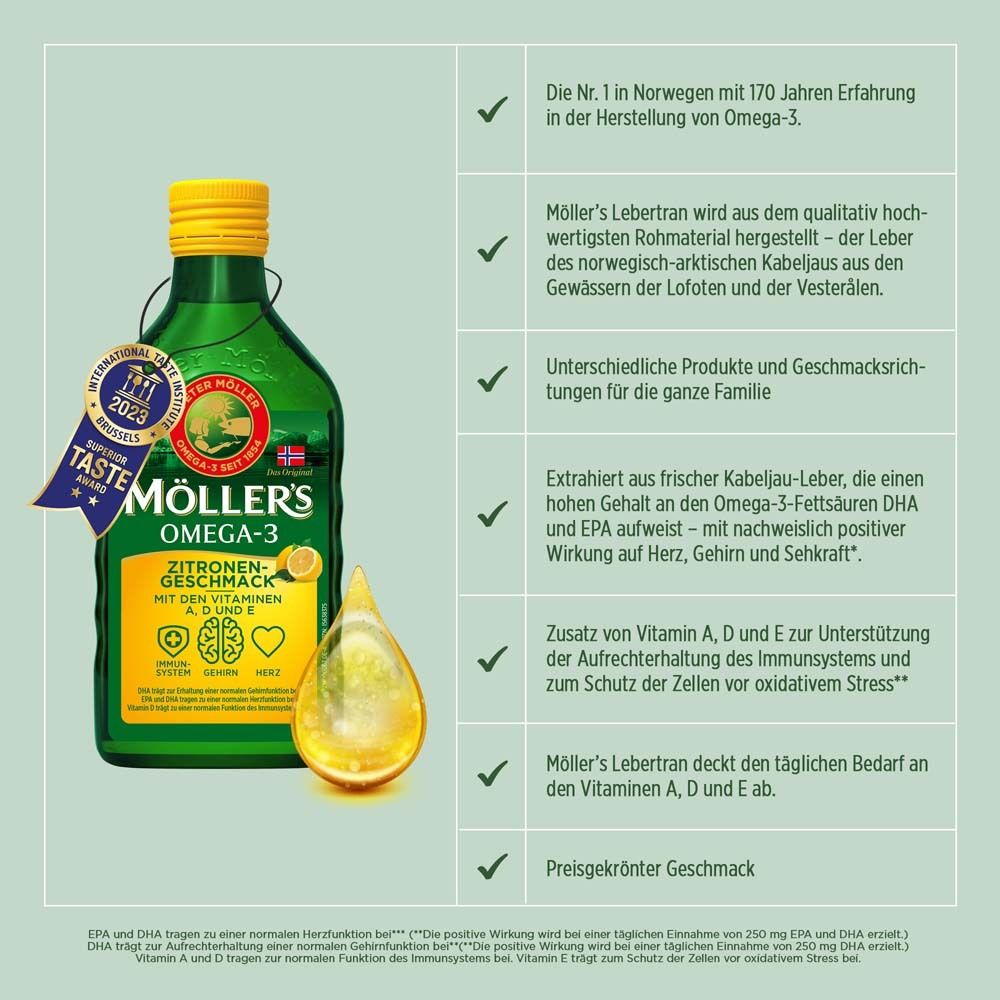 Bouteille Möller's Omega-3 Citron. Avantages et informations. Récompense. Goutte d'huile. Avec vitamines A, D et E.