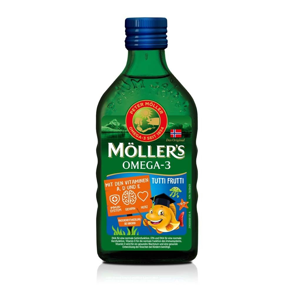 Bouteille verte, bouchon bleu. Möller's Omega-3 Tutti Frutti. Avec vitamines A, D et E. Image d'un poisson.