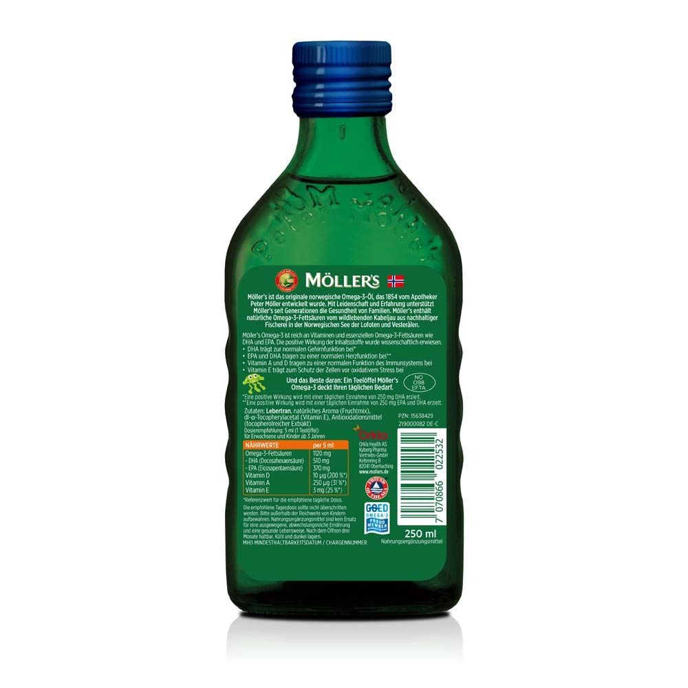 Dos de la bouteille verte. Möller's Omega-3. Informations sur les ingrédients et la valeur nutritionnelle. 250 ml.
