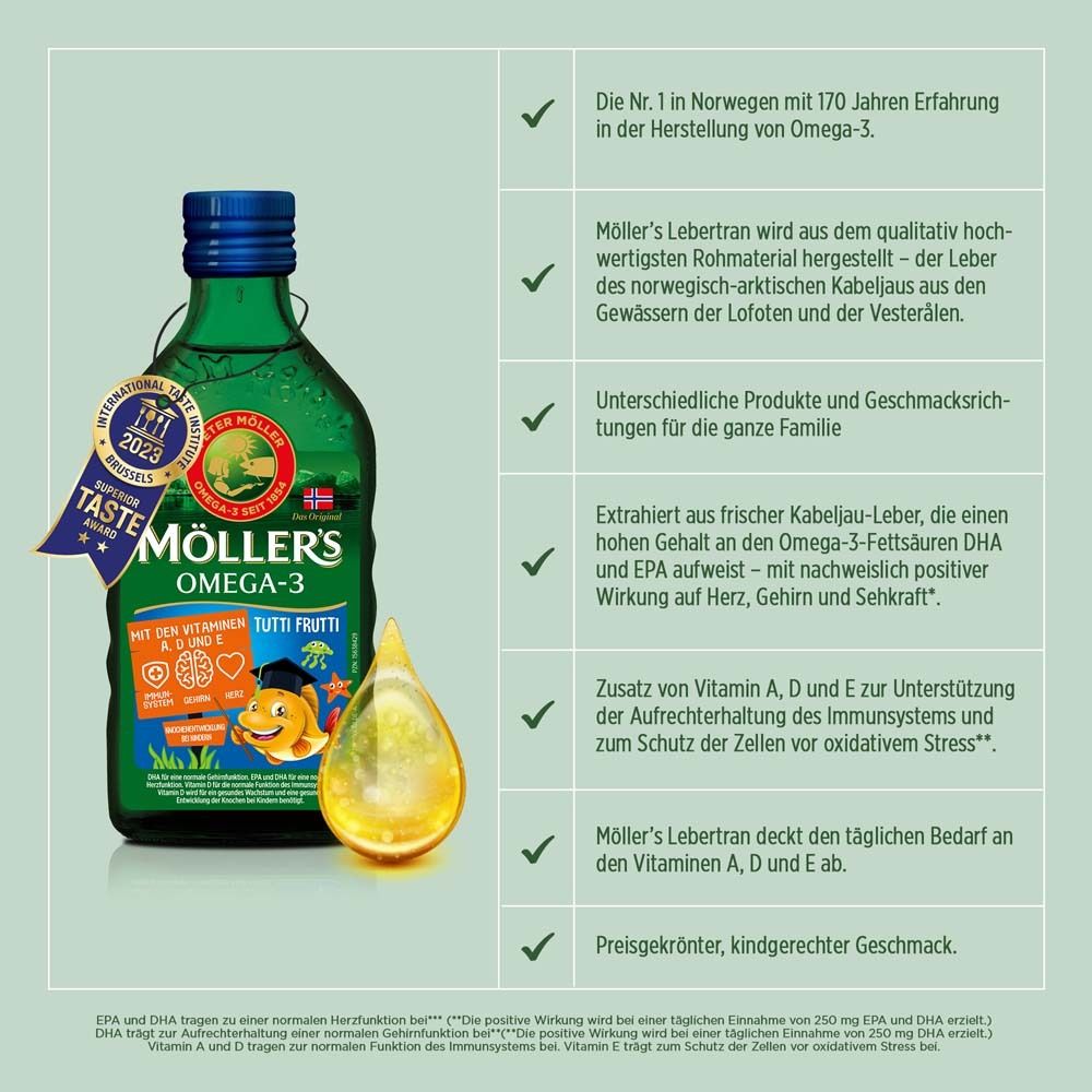 Bouteille verte, bouchon bleu. Möller's Omega-3. Distinction. Goutte d'huile. Texte avec avantages et ingrédients.