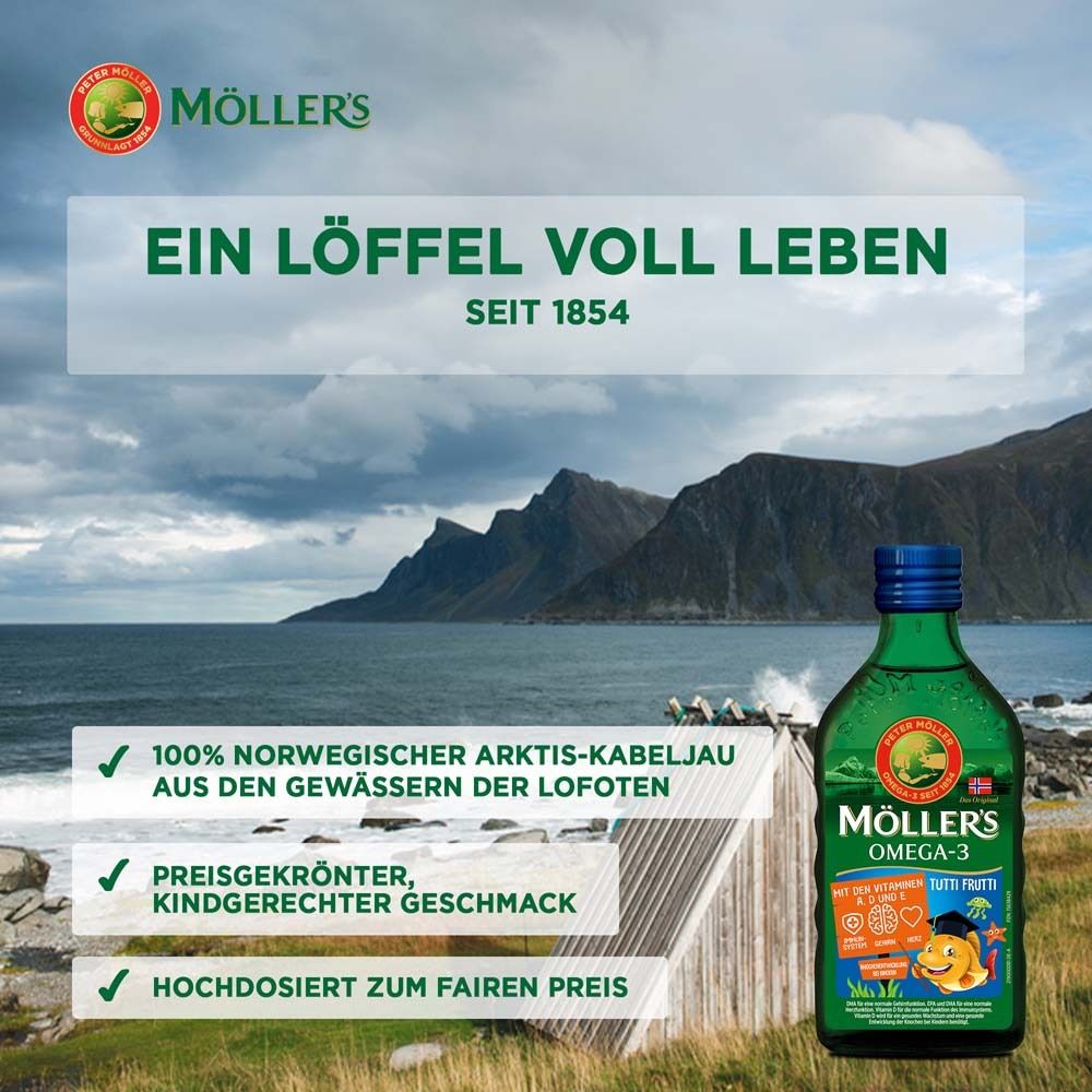 Bouteille verte, bouchon bleu. Möller's Omega-3. Texte : Une cuillère pleine de vie. Paysage marin.