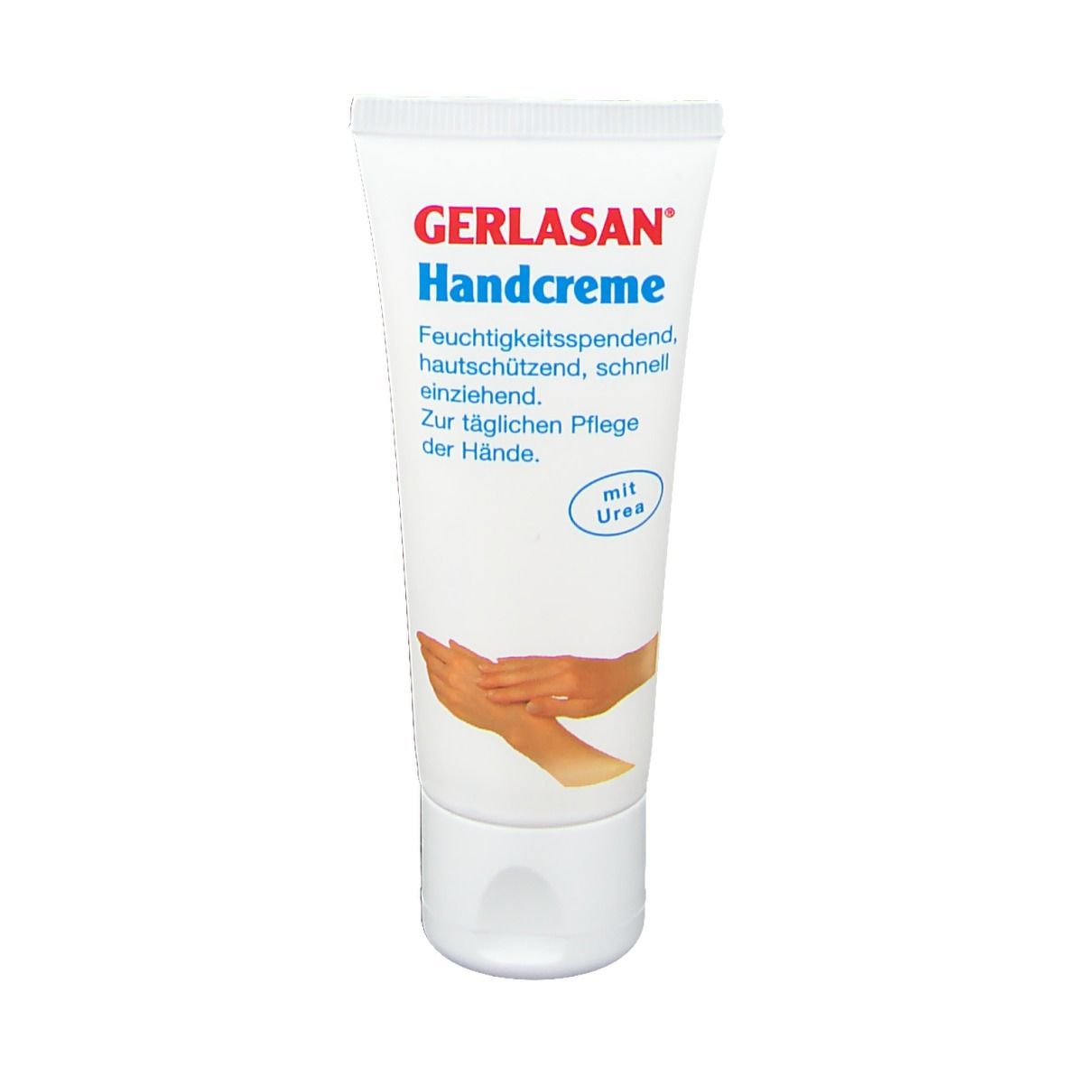GERLASAN Handcreme tube. Wit, met rode en blauwe tekst. Bevat ureum. Afbeelding van handen.