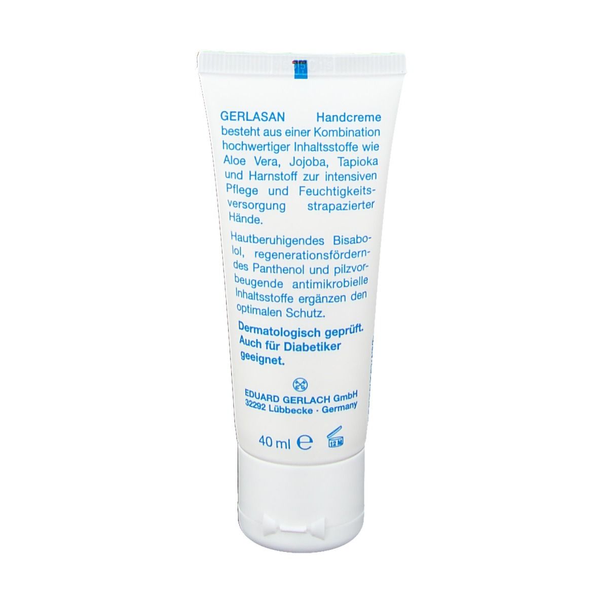 GERLASAN Handcreme tube. Achterkant met ingrediënten en informatie. 40 ml. Geschikt voor diabetici.