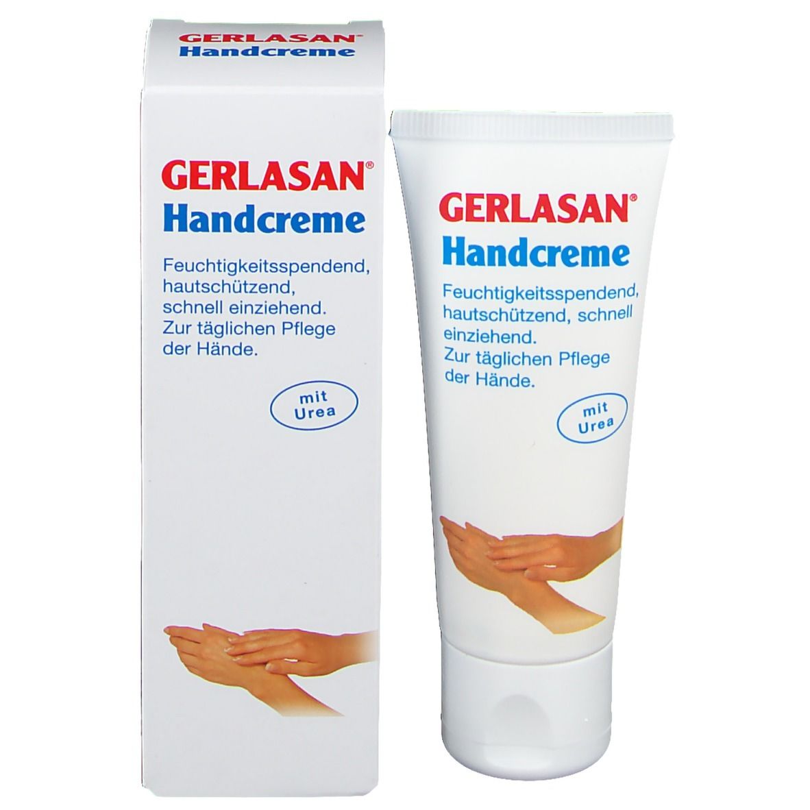 GERLASAN Handcreme tube en verpakking. Wit, met rode en blauwe tekst. Bevat ureum. Afbeelding van handen.