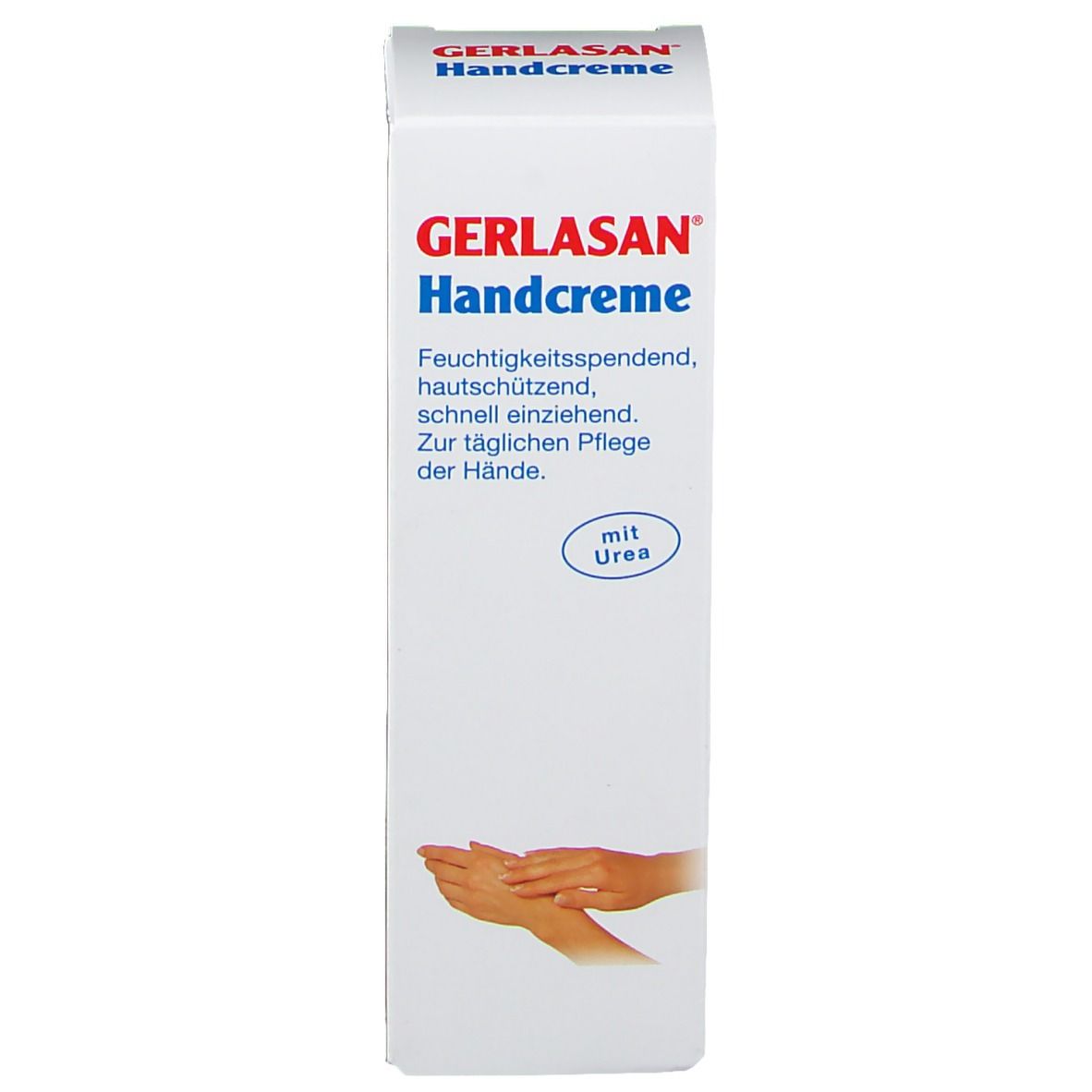 GERLASAN Handcreme verpakking. Wit, met rode en blauwe tekst. Bevat ureum. Afbeelding van handen.
