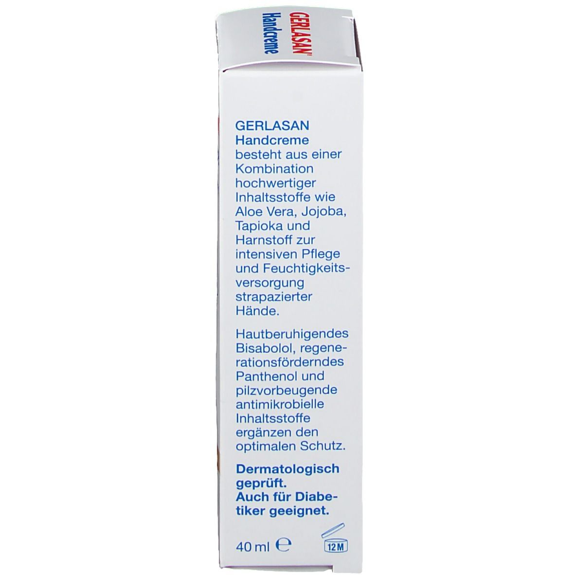 GERLASAN Handcreme verpakking. Achterkant met ingrediënten en informatie. 40 ml. Geschikt voor diabetici.
