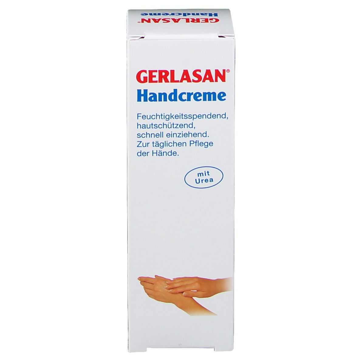 GERLASAN Handcreme verpakking. Voorkant met productinformatie. Bevat ureum. Afbeelding van handen.