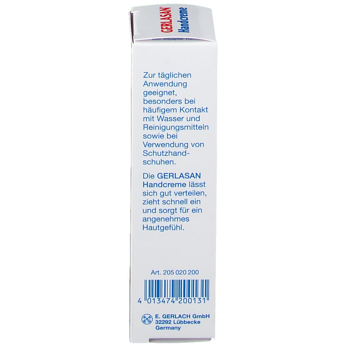 GERLASAN Handcreme verpakking. Zijkant met gebruiksaanwijzing en fabrikant informatie. Artikelnummer en barcode.