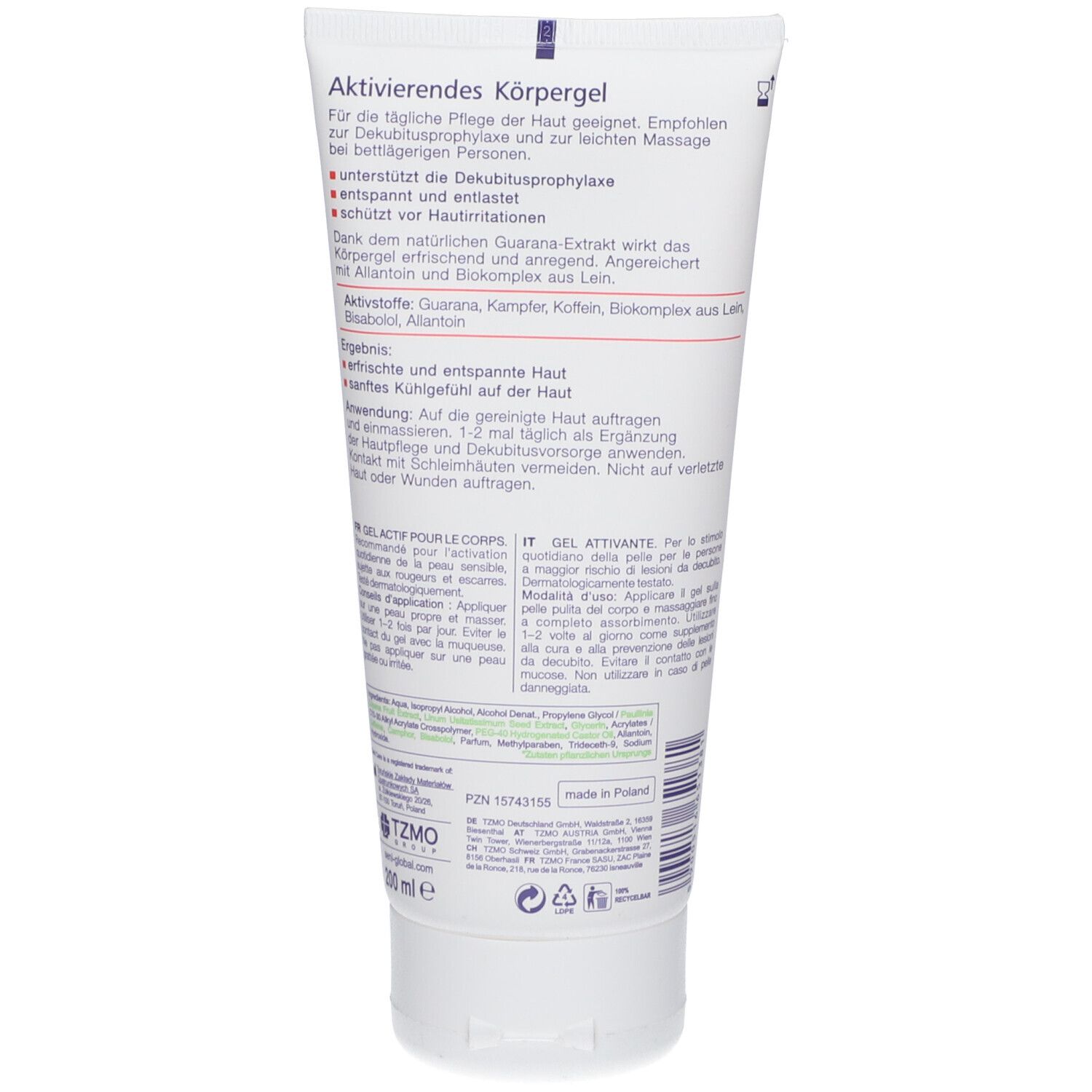 Achterkant van een witte tube. Tekst: Aktivierendes Körpergel, ingrediënten, gebruiksaanwijzing, Vegan.