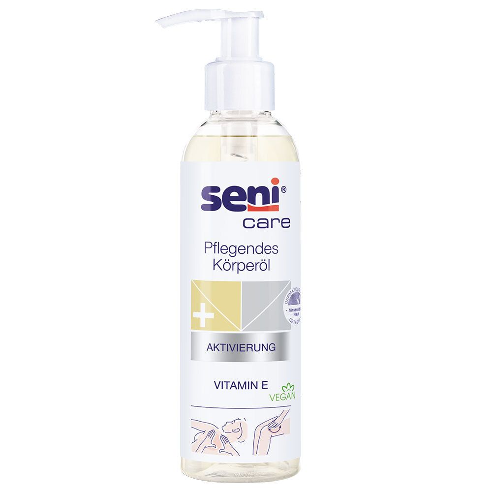 Transparante fles met pomp. Opschrift: seni care Pflegendes Körperöl, Activering, Vitamine E, vegan.