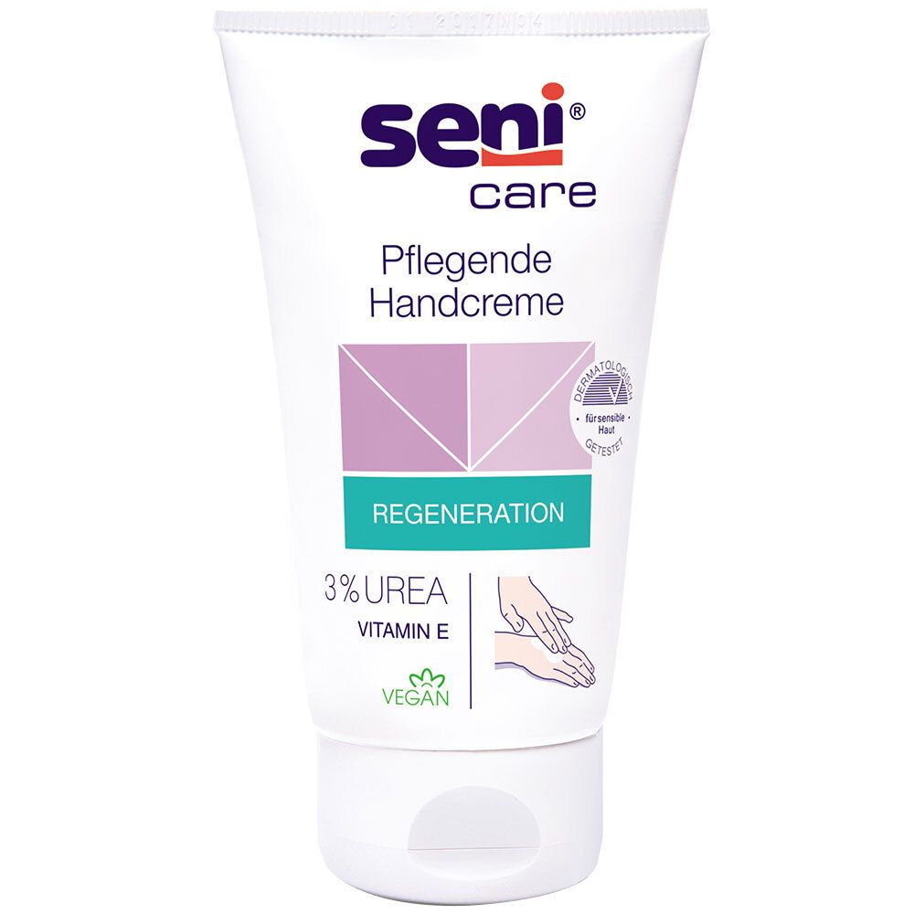 Witte tube Seni Care handcrème. Opschrift: Pflegende Handcreme, 3% Urea, Vitamine E, Regeneration. Vegan-zegel.