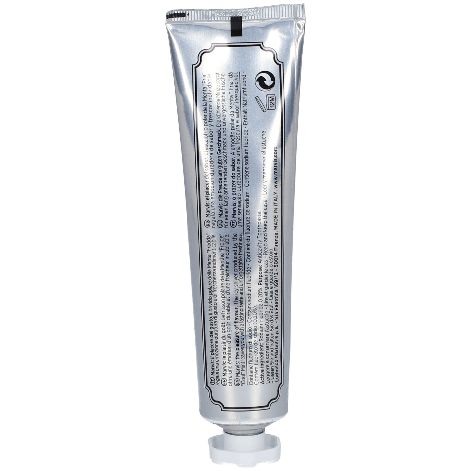 Zilveren tube met witte dop. Bevat meertalige productinformatie en een logo.