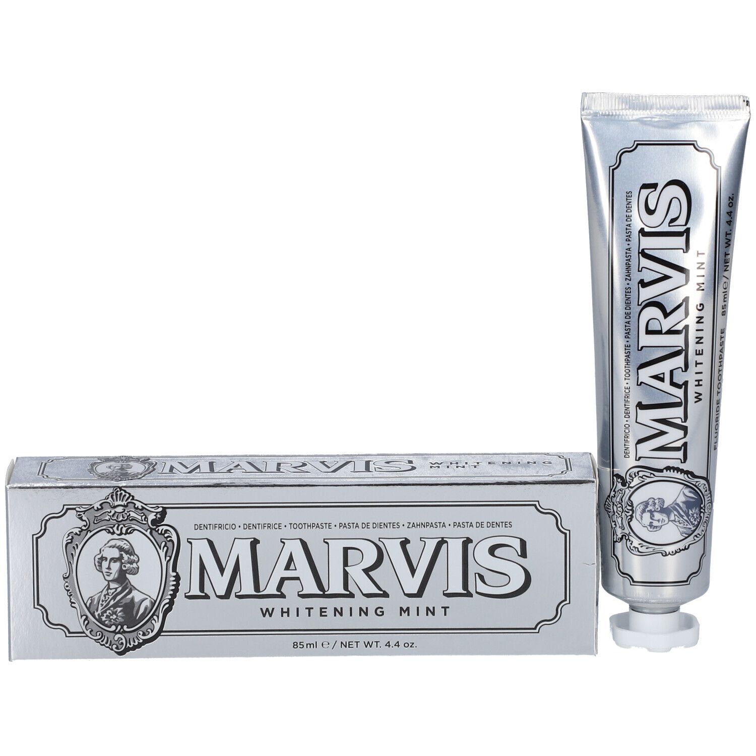 Marvis Whitening Mint tandpasta in zilveren tube en doosje.