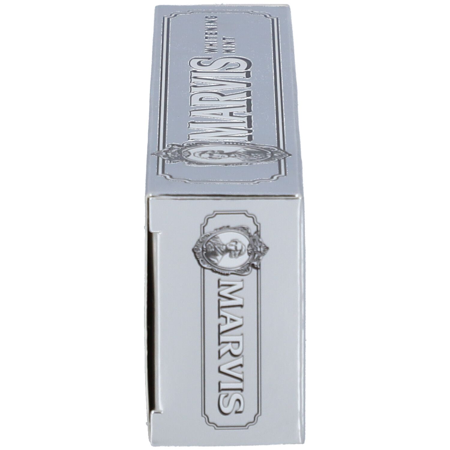Zilveren Marvis tandpastadoos met opschrift "Whitening Mint".