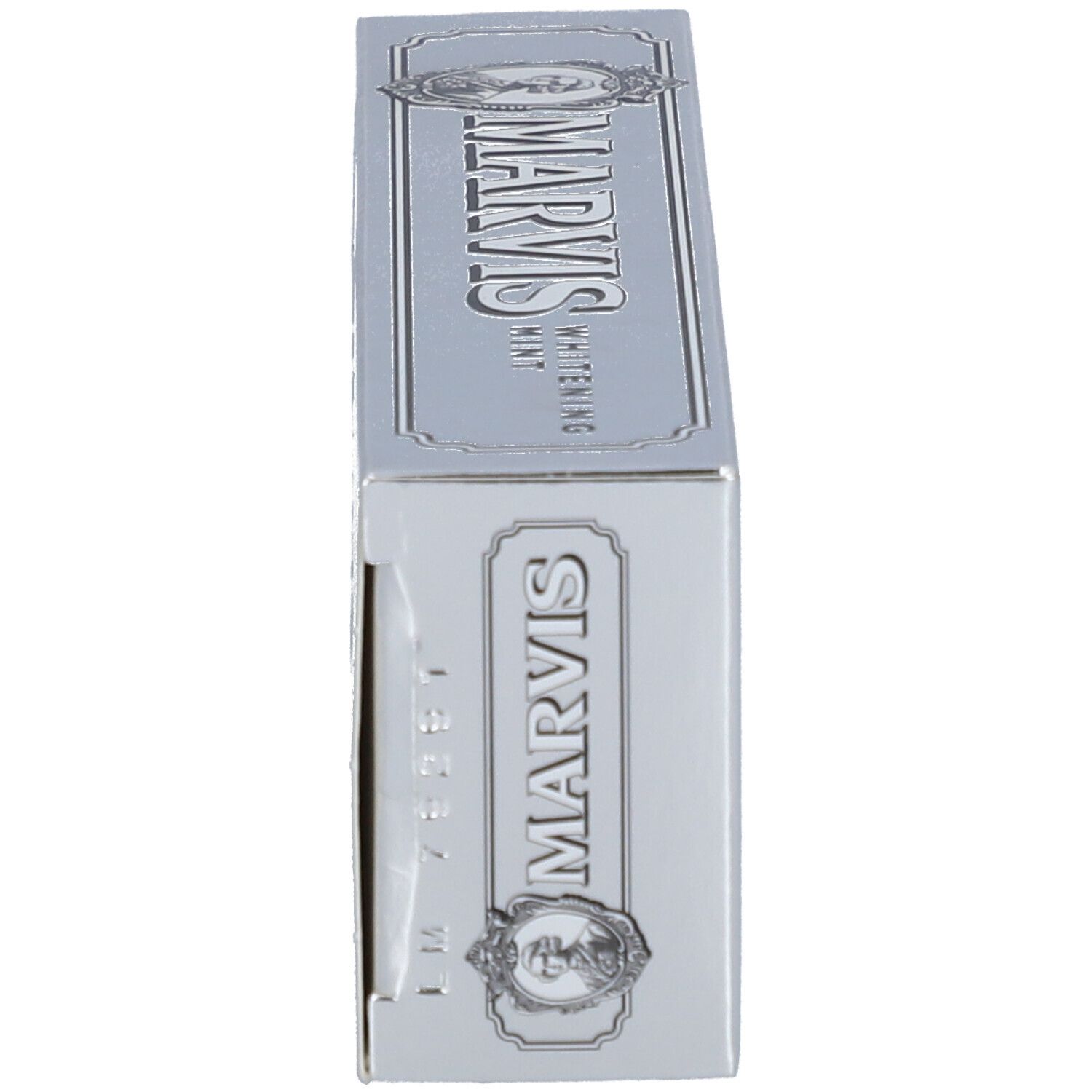 Zilveren Marvis tandpastadoos met "Whitening Mint" opschrift.