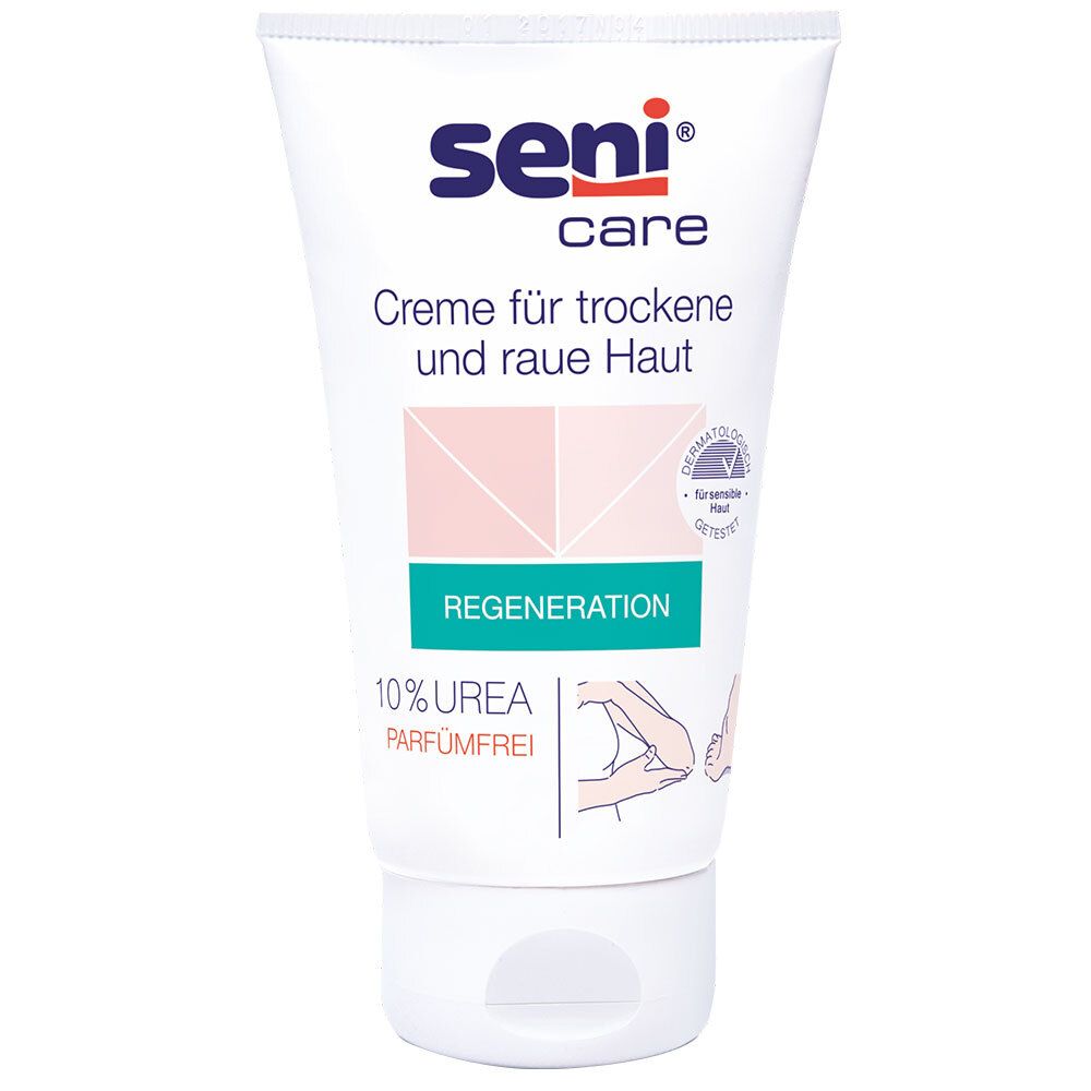 Crèmetube. Seni Care logo. Tekst: Crème voor droge en ruwe huid. 10% Urea parfumvrij. Regeneratie. Dermatologisch getest.
