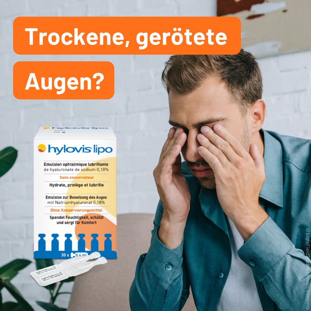 Homme se tient les yeux. Boîte et unidose HYLOVIS® LIPO à côté. Texte: Yeux secs et rouges?
