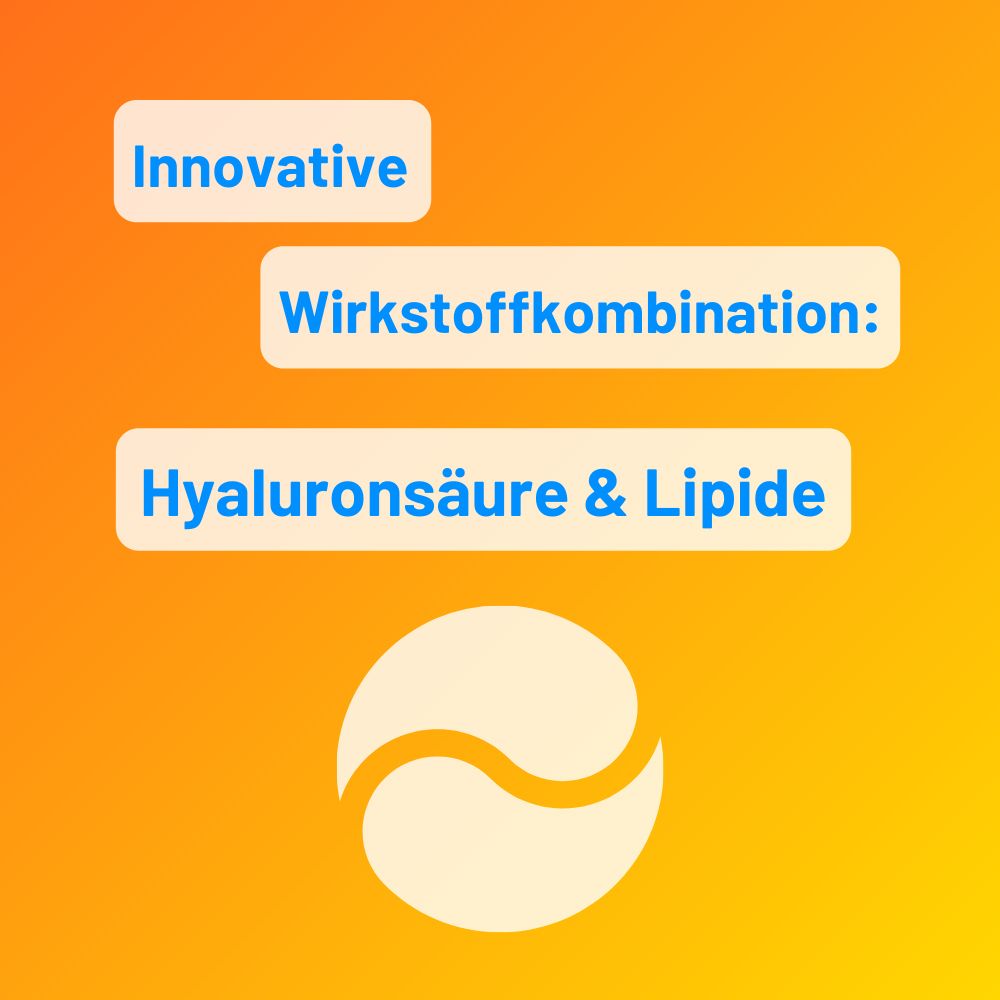 Graphique: Logo jaune. Texte: Combinaison d'ingrédients actifs innovante: acide hyaluronique et lipides.
