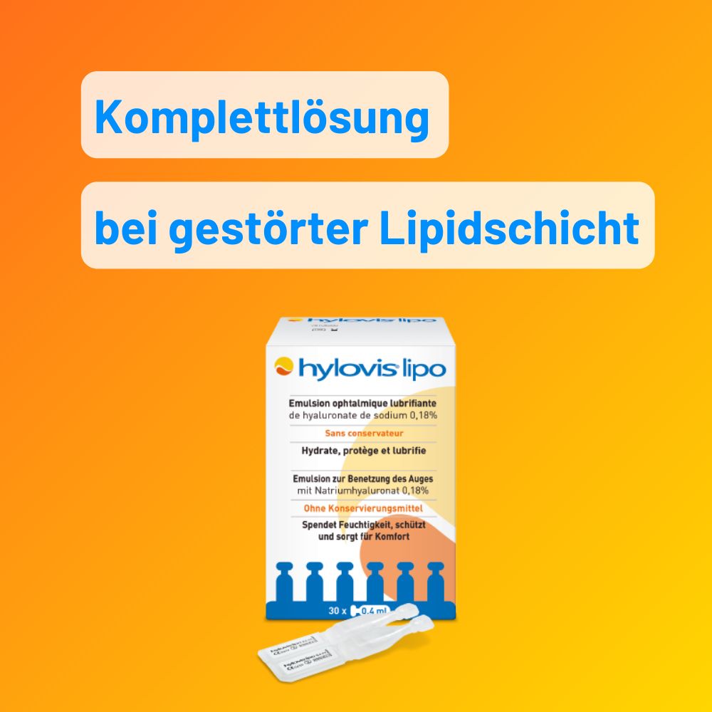 Boîte HYLOVIS® LIPO et unidose. Texte: Solution complète pour la couche lipidique perturbée.