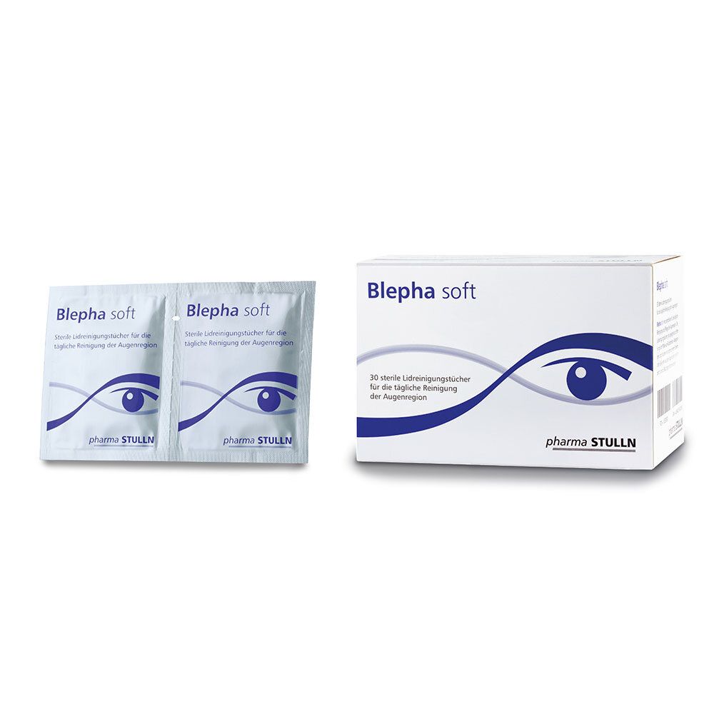 Paquet Blepha soft et deux sachets individuels. Sachets blancs, design œil bleu. Texte: lingettes nettoyantes.