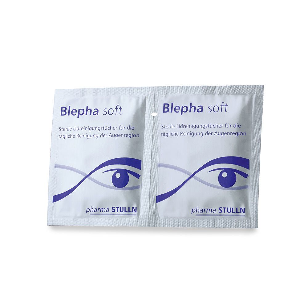 Deux sachets individuels Blepha soft. Sachets blancs, design œil bleu. Texte: lingettes nettoyantes.