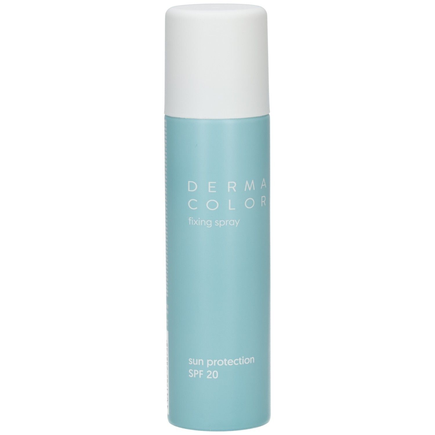 Flacon spray bleu clair avec bouchon blanc. Inscriptions: DERMA COLOR, fixing spray, sun protection, SPF 20.