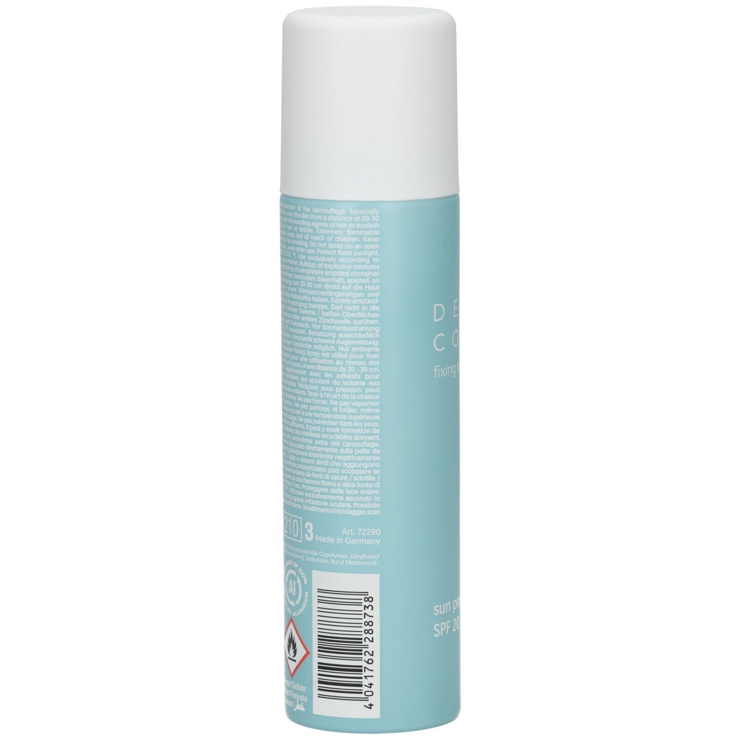 Dos du flacon spray. Texte en plusieurs langues. Inscriptions: 150 ml, Art. 72290. Symboles de danger.