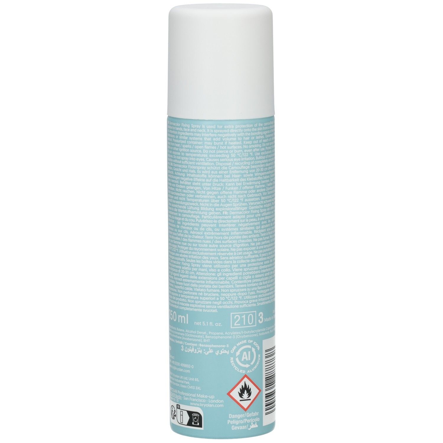 Dos du flacon spray. Texte en plusieurs langues. Symboles de danger.