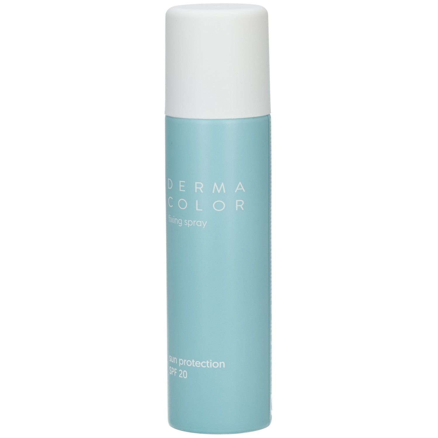 Flacon spray blanc et argenté avec bouchon blanc. Inscriptions: DERMA COLOR, FIXING SPRAY, Fixierspray, SUN PROTECTION, SPF 20.