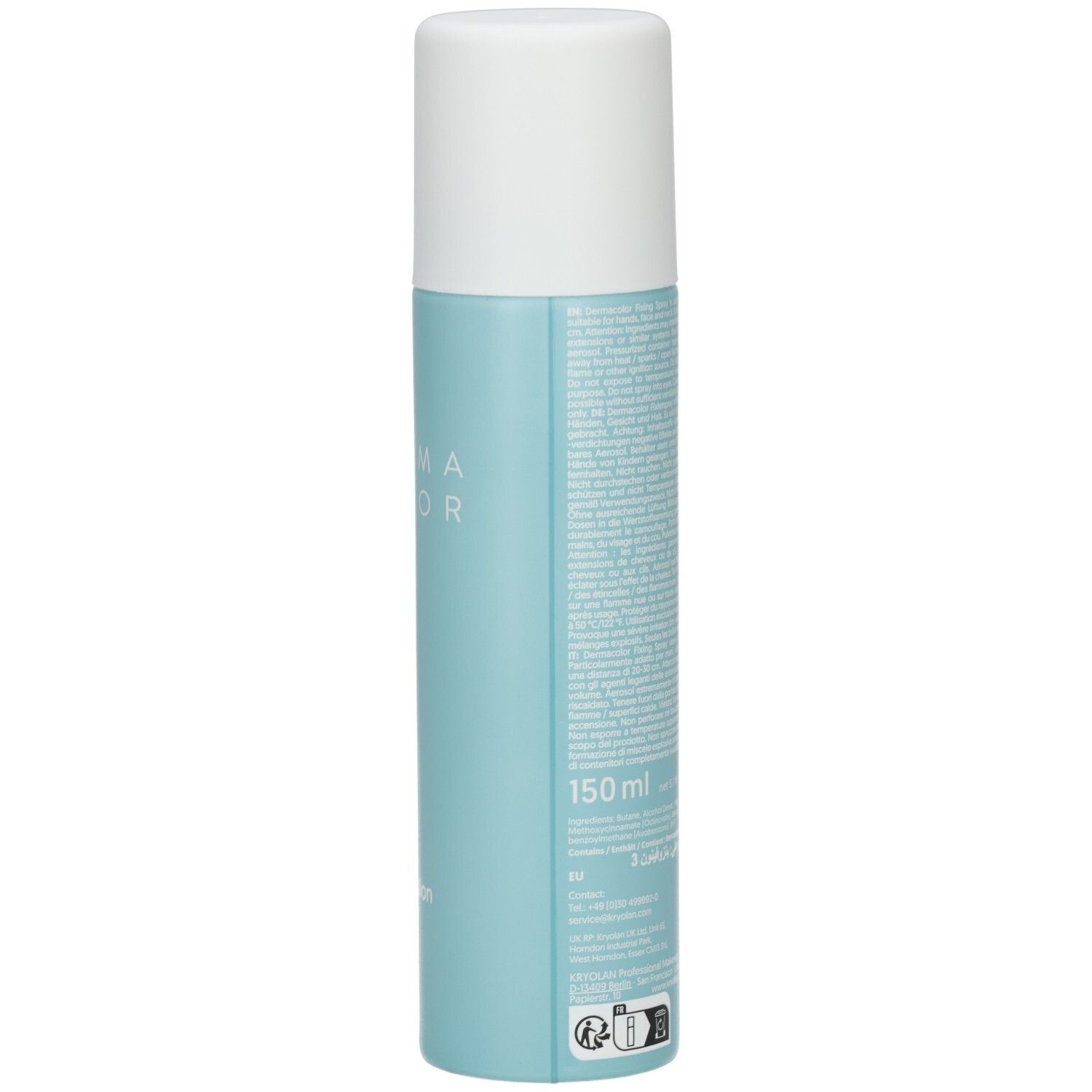 Flacon spray bleu clair avec bouchon blanc. Inscriptions: DERMA COLOR, 150 ml.