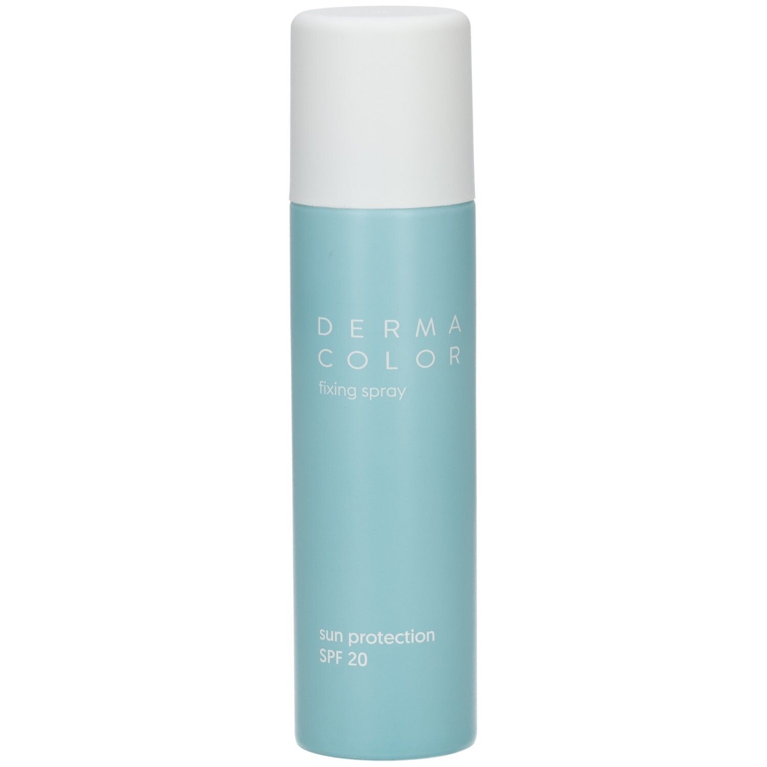 Flacon spray blanc et argenté avec bouchon blanc. Inscriptions: DERMA COLOR, FIXING SPRAY, Fixierspray, SUN PROTECTION, SPF 20.