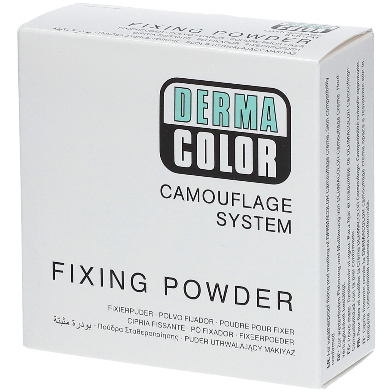 Witte doos met 'DERMA COLOR'-logo en 'FIXING POWDER'. Meertalige productaanduidingen.