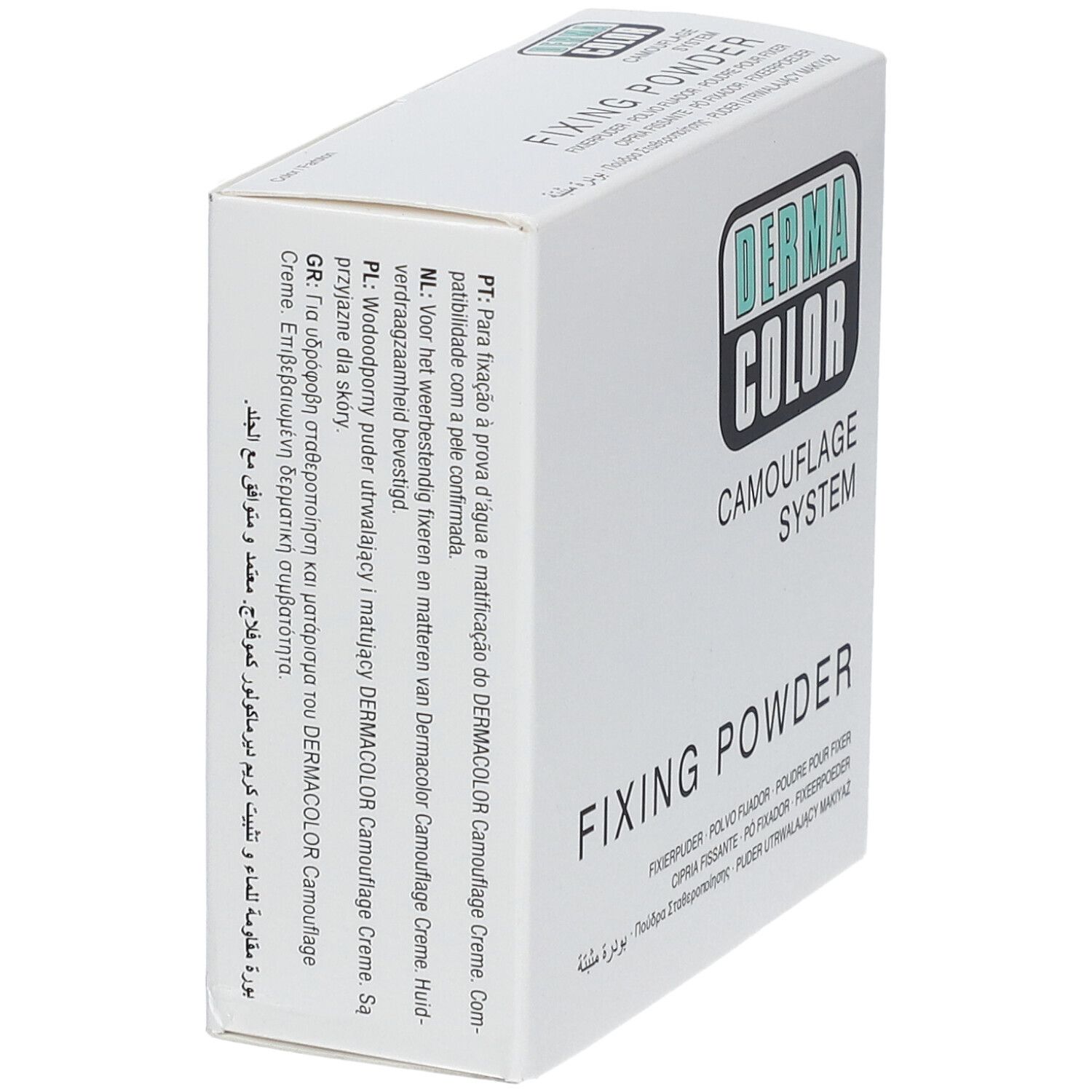 Schuin geplaatste witte doos met 'DERMA COLOR'-logo en 'FIXING POWDER'. Meertalige productaanduidingen.