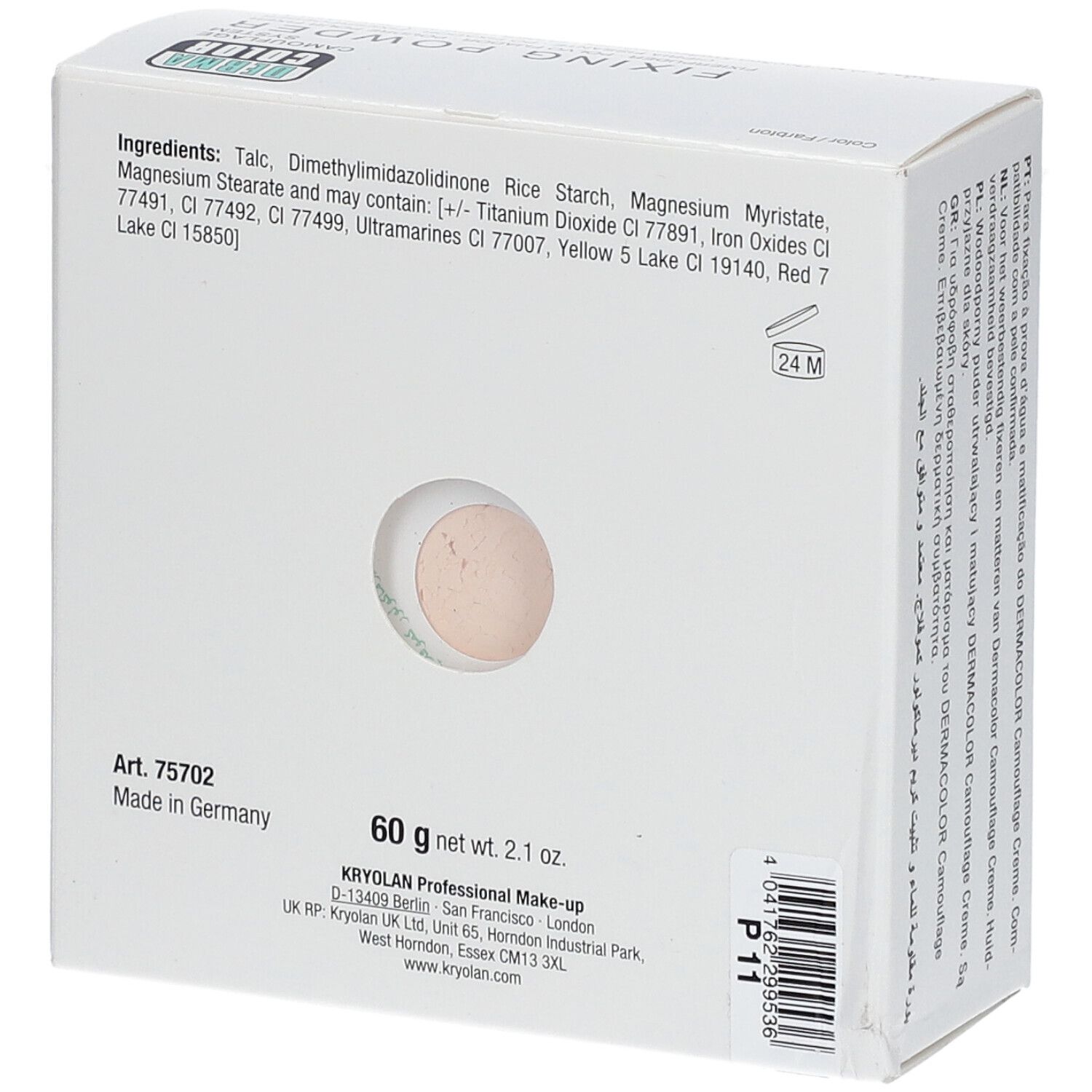Achterkant van de witte doos. Productnaam 'FIXING POWDER'. Ingrediënten, gewicht 60g, 'Made in Germany'.