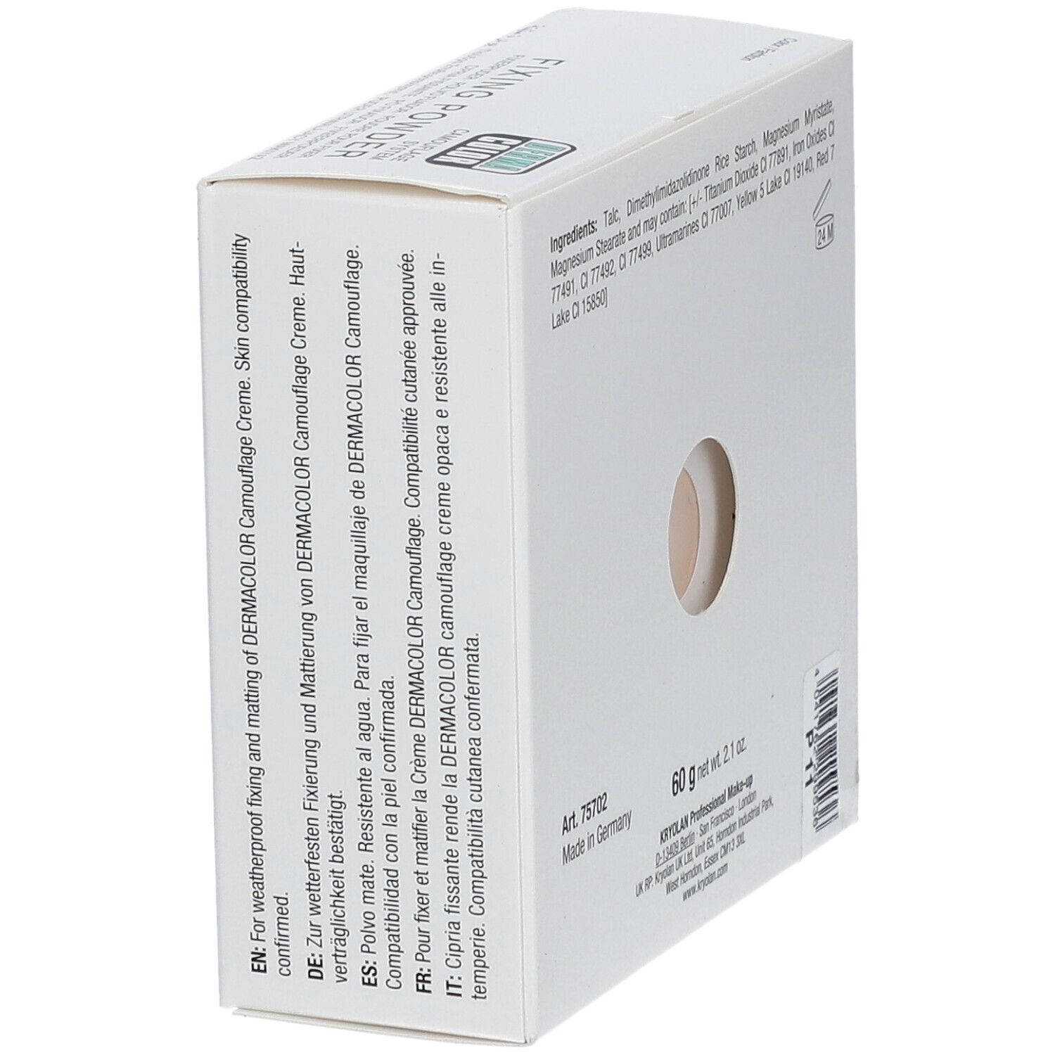 Schuin geplaatste achterkant van de witte doos. Productnaam 'FIXING POWDER'. Ingrediënten, gewicht 60g, 'Made in Germany'.