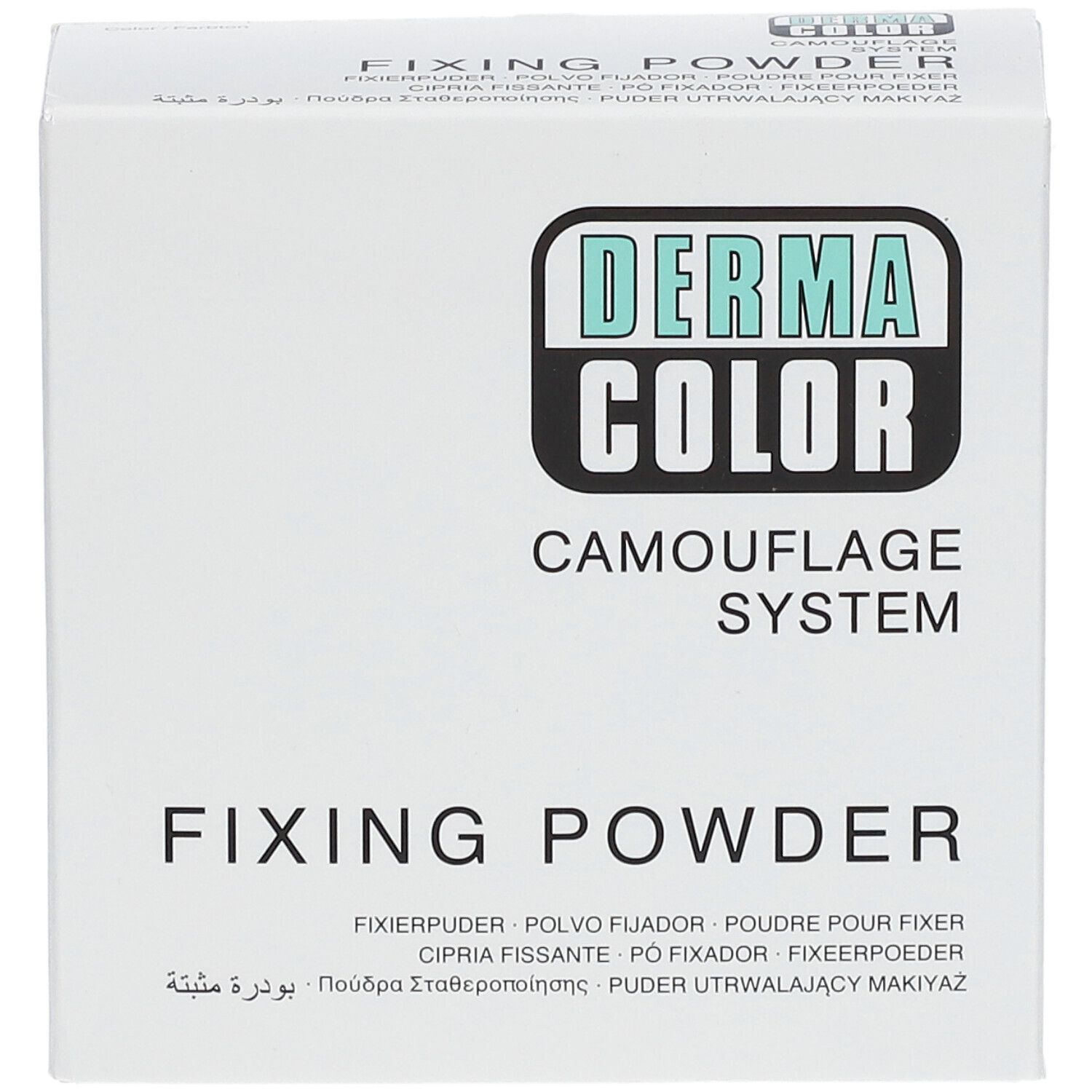 Witte doos met 'DERMA COLOR'-logo en 'FIXING POWDER'. Meertalige productaanduidingen.