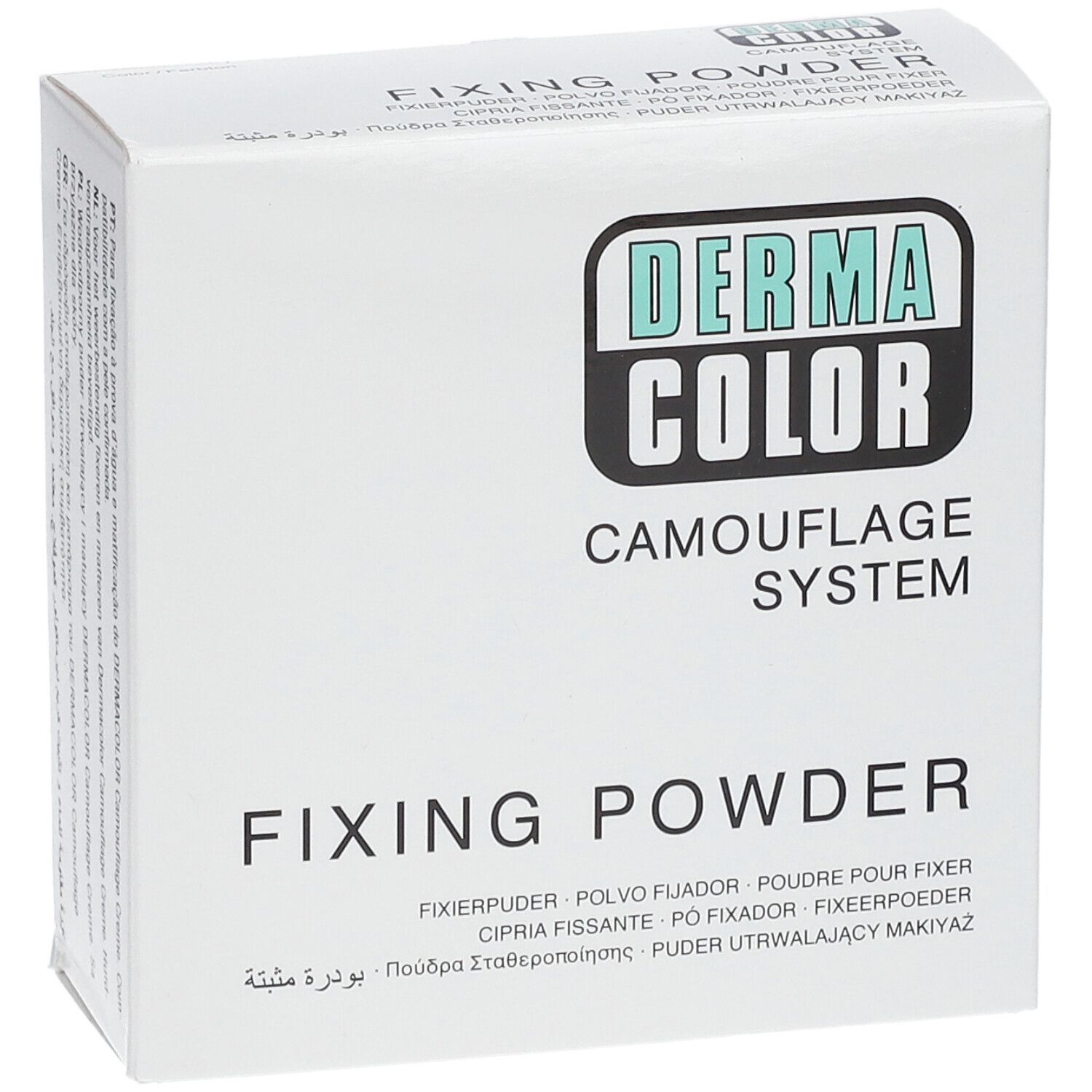 Witte doos met 'DERMA COLOR'-logo en 'FIXING POWDER'. Meertalige productaanduidingen.