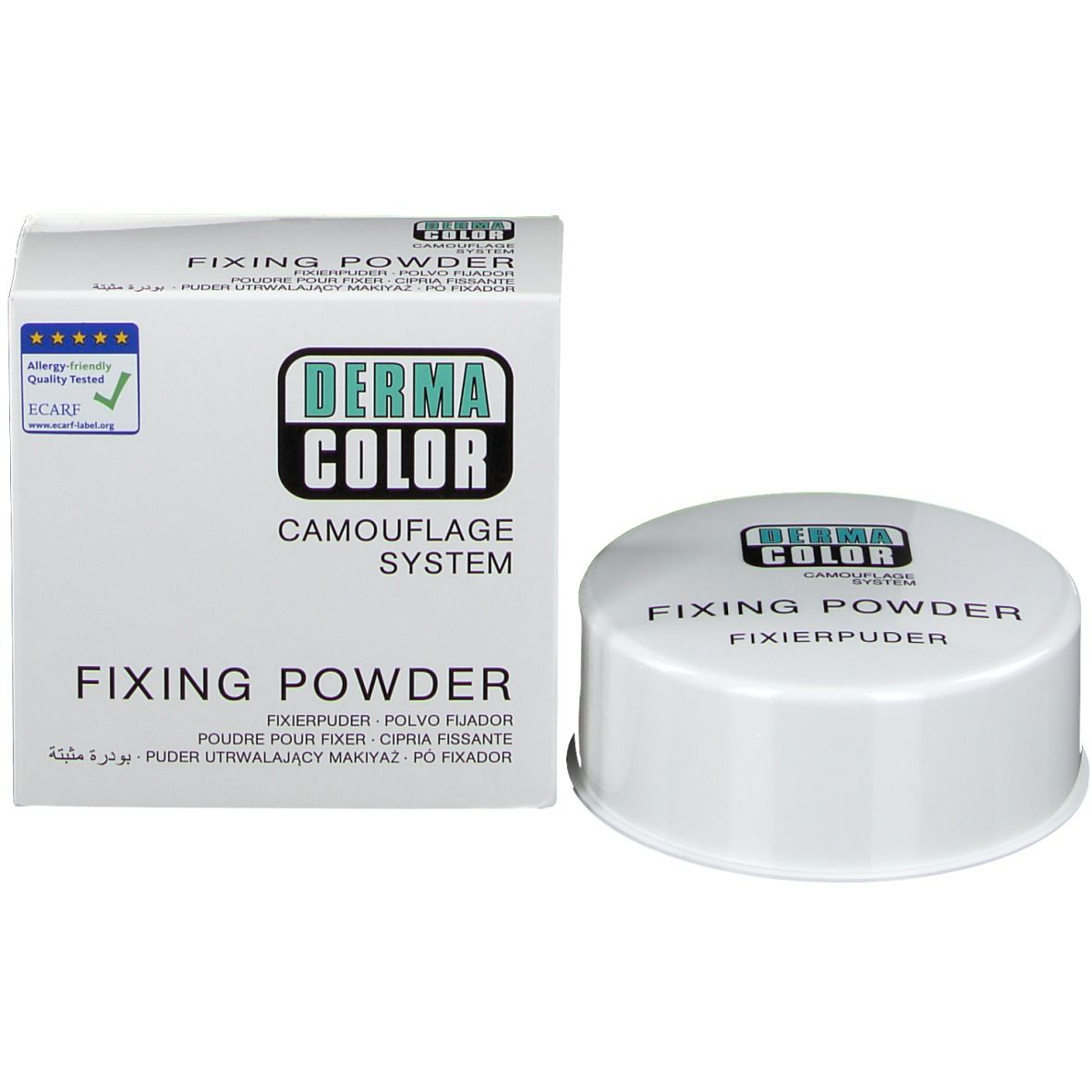Witte doos en pot met 'DERMA COLOR'-logo en 'FIXING POWDER'. ECARF-zegel.