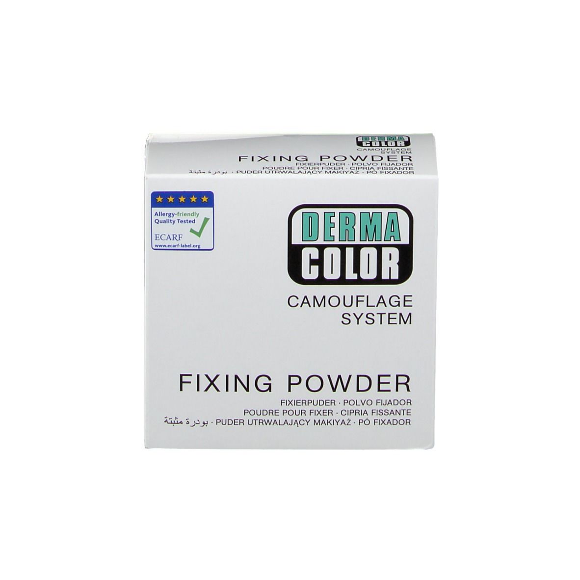 Witte doos met 'DERMA COLOR'-logo en 'FIXING POWDER'. ECARF-zegel.