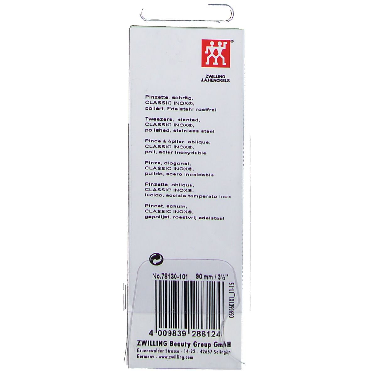 Achterkant van de verpakking van een ZWILLING pincet, schuin, gepolijst, Classic Inox.