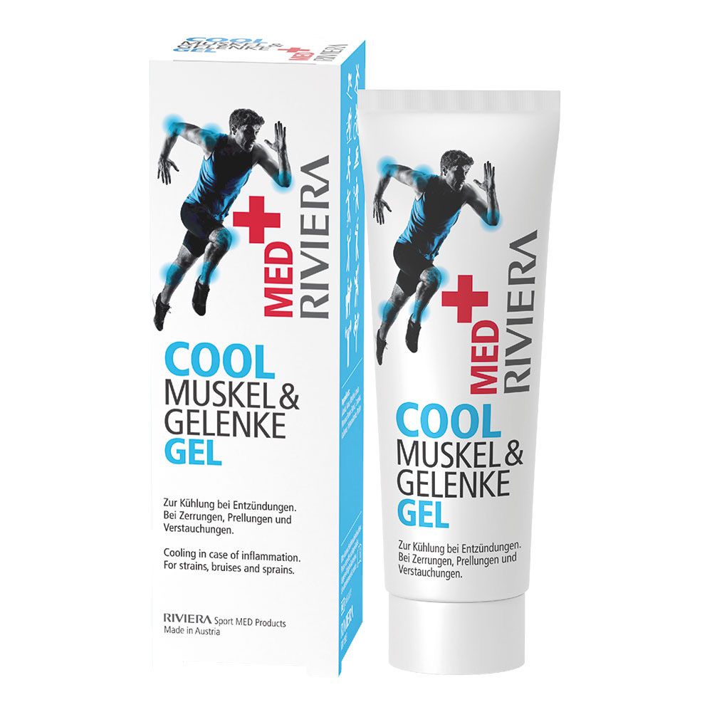 Wit gel met blauwe tekst. Opschrift: COOL MUSKEL & GELENKE GEL. Illustratie van een sporter. Verpakking met product.