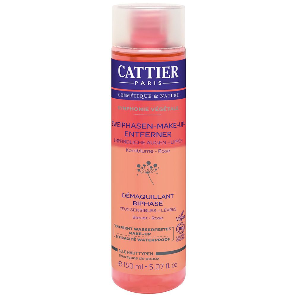 Twee-fase make-up remover in cilindrische fles. Bevat roze en transparante vloeistoffen. Merk CATTIER.