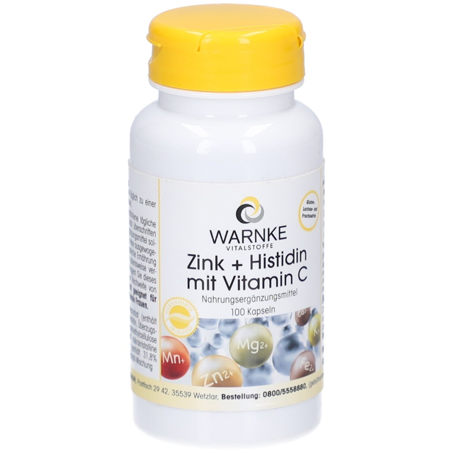 Witte fles met gele dop. Opschrift: WARNKE Vitalstoffe, Zink + Histidine met vitamine C. 100 capsules.