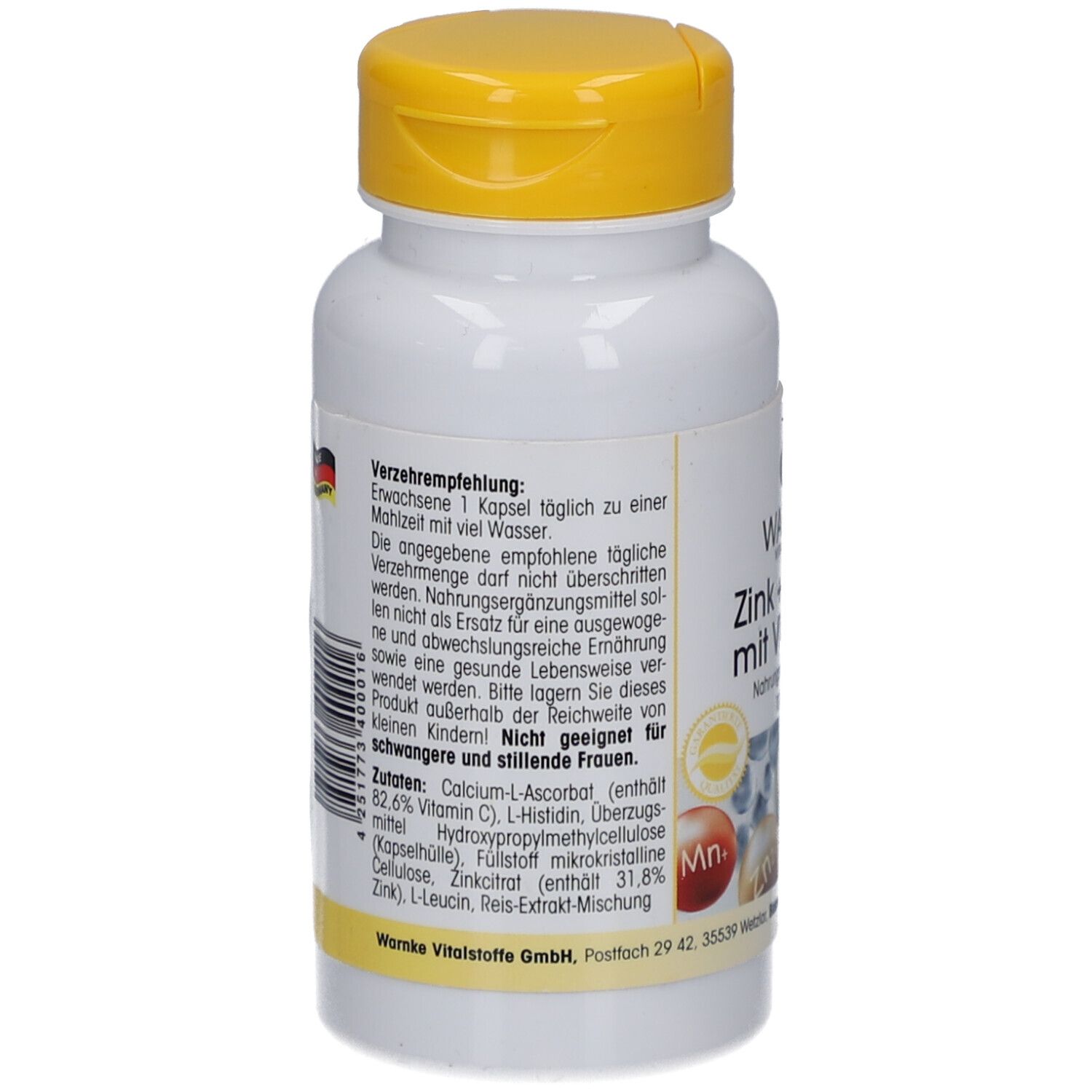 Achterkant van de fles. Tekst: Aanbevelingen, ingrediënten. Streepjescode en Made in Germany. Warnke Vitalstoffe GmbH.