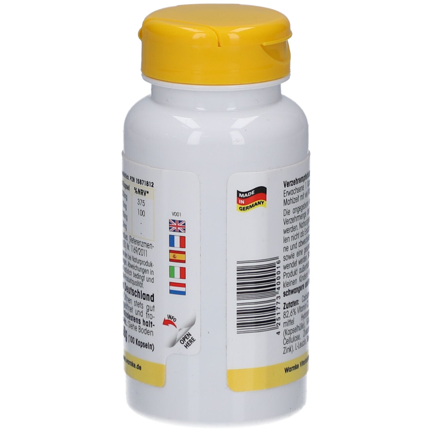 Achterkant van de fles. Tekst: Aanbevelingen, ingrediënten. Streepjescode en Made in Germany. Vlaggen.