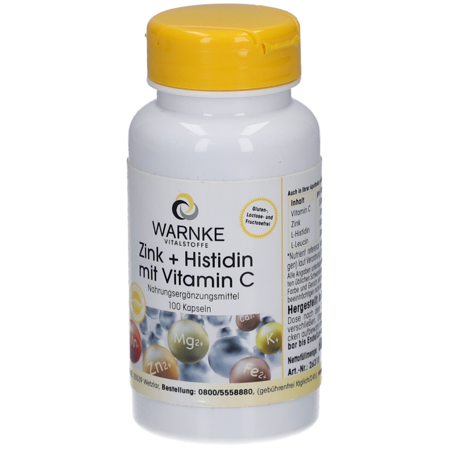 Witte fles met gele dop. Opschrift: WARNKE Vitalstoffe, Zink + Histidine met vitamine C. 100 capsules. Glutenvrij en lactosevrij.
