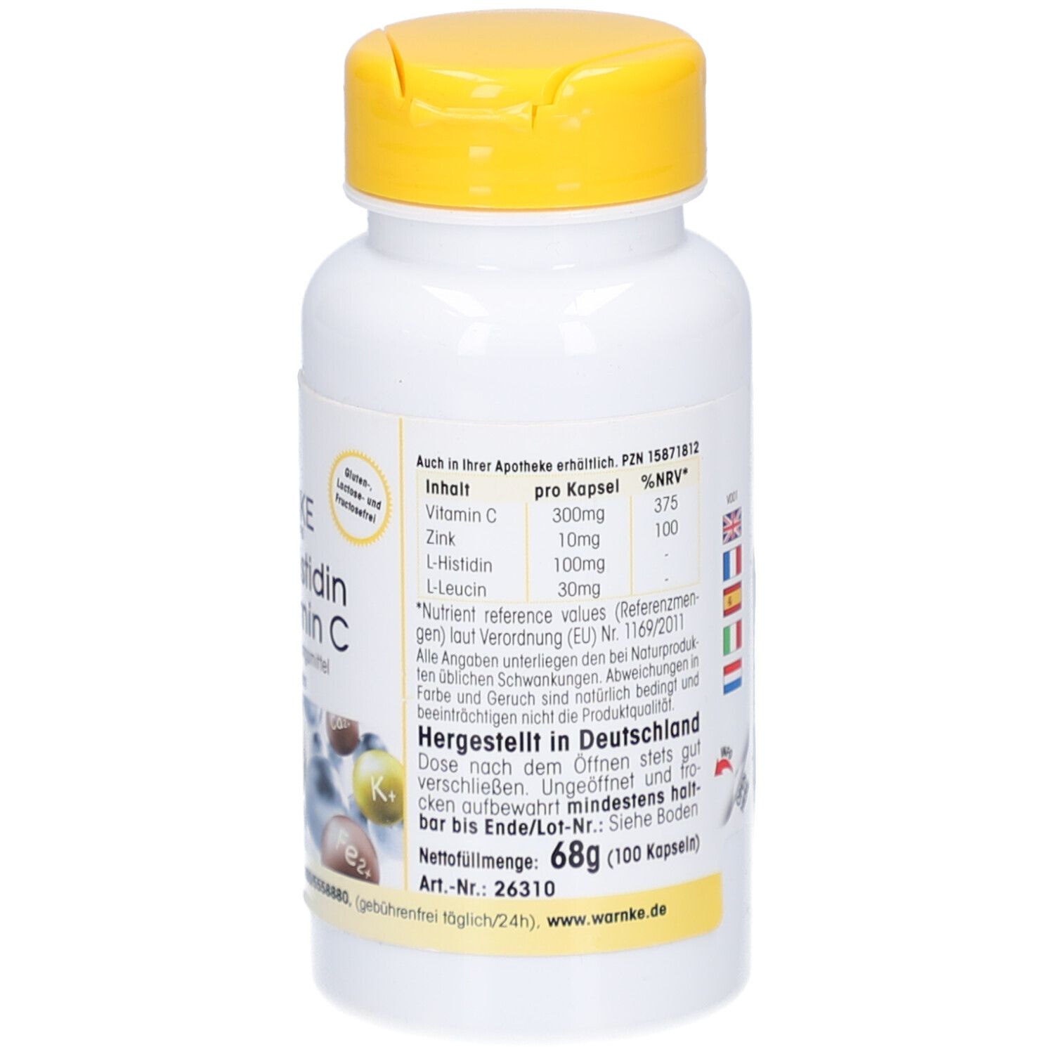 Achterkant van de fles. Tekst: Ingrediënten, per capsule, %RV. Gemaakt in Duitsland. 68g (100 capsules).