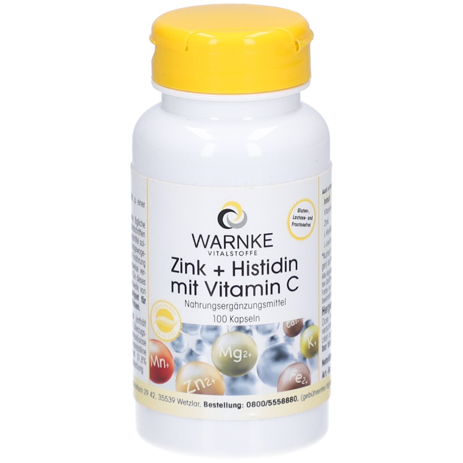 Witte fles met gele dop. Opschrift: WARNKE Vitalstoffe, Zink + Histidine met vitamine C. 100 capsules.