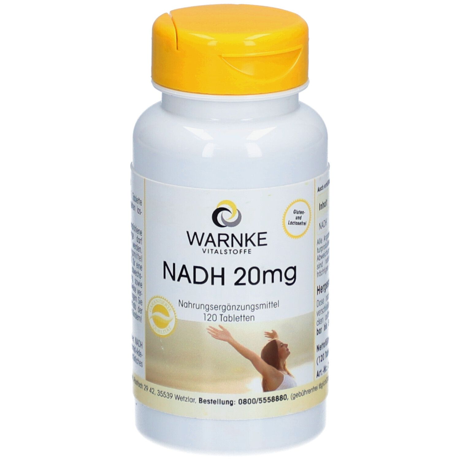 Witte fles met gele dop. Opschrift: WARNKE, NADH 20mg, 120 tabletten. Voedingssupplement. Vrouw met opgeheven armen.